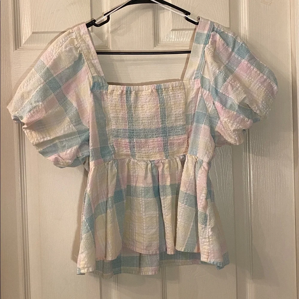 Old Navy Multicolor Plaid Puff Sleeve Blouse